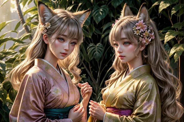 beautiful fox ears girl、kimono long-sleeved kimono、cute、bright atmosphere、fun、active、one girl、detailed face、beautifully detailed...