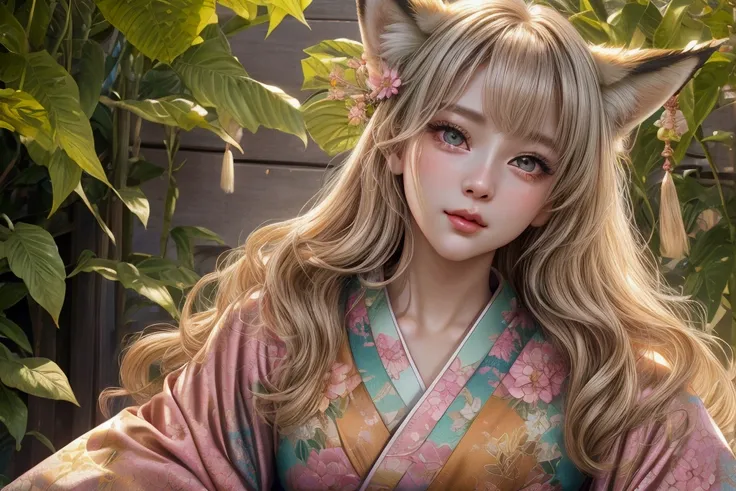 beautiful fox ears girl、kimono long-sleeved kimono、cute、bright atmosphere、fun、active、one girl、detailed face、beautifully detailed...