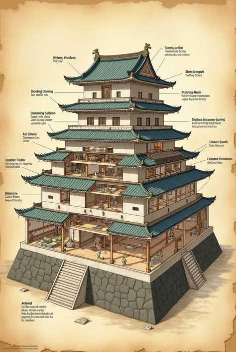 Cross-section of a Japanese castle,The exterior walls are transparent, allowing the internal structure to be seen,Speech bubbles and text describing each room,People who live々,hidden passage,Shooting window,stone dropping hole,monitoring station,castle tow...