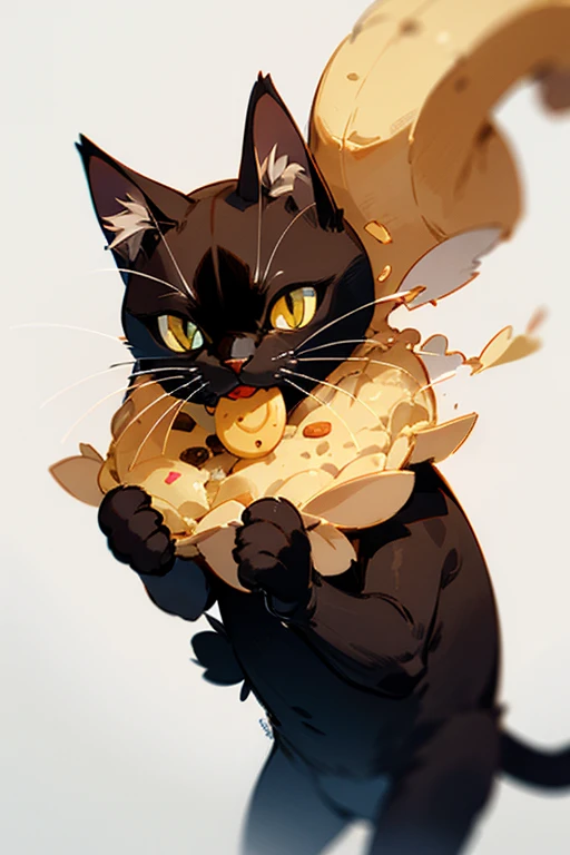 Create a dark brown cat mascot eating a cat-shaped Crispy Durian Cookies.