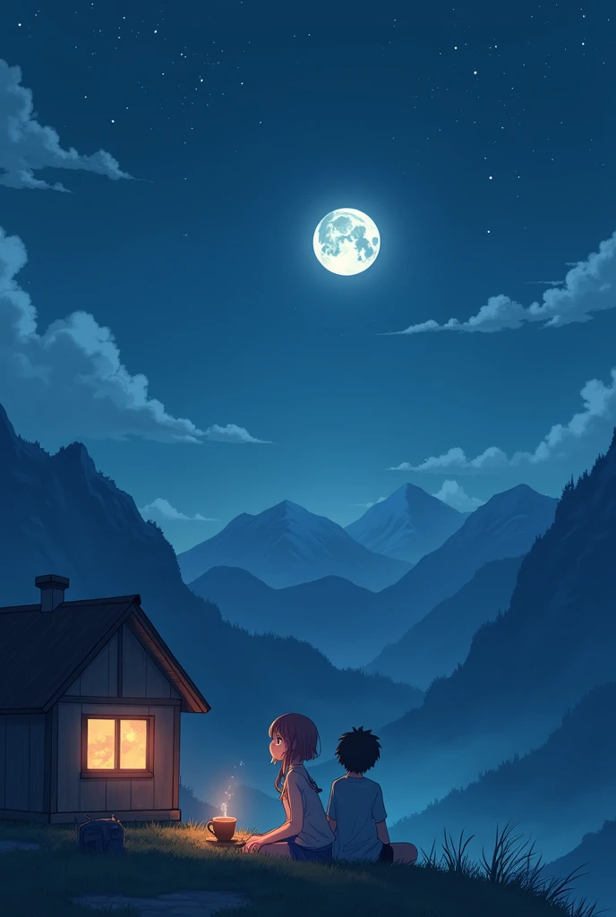 Anime girl charecter watching moon with his bf in night  a beautiful mountain an
d a cup of coffee 
