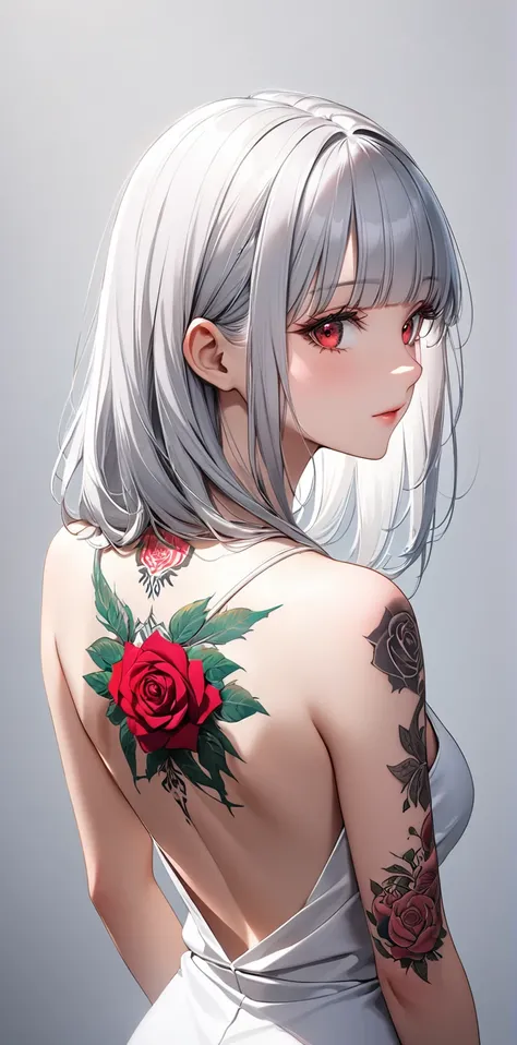 Ultra high resolution, rich colors, perfect image, top quality, detailed image, beautiful woman, glowing skin, texture of skin and clothes, delicate eyes, (((white wall background))), back view, (((rose tattoo on back))), (((long silver hair with bangs))),...