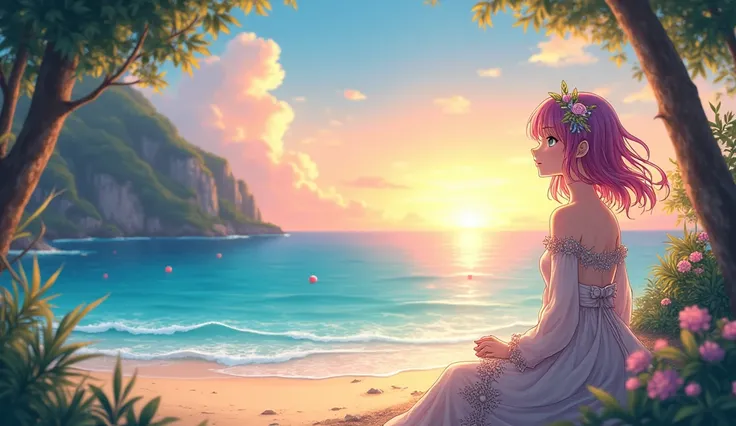 high quality, Very detailed, Illustration, girl、anime、sea、Sunset