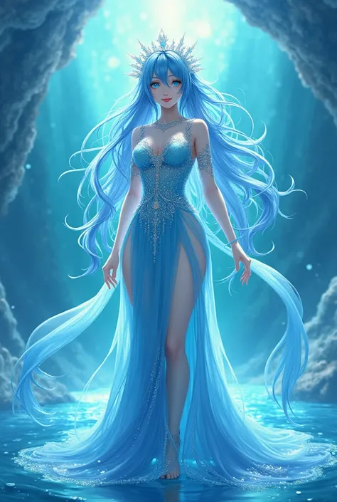 A hyperdetailed, cinematic, and ultra-high-quality anime waifu-style goddess stands majestically on the oceans surface, filling the entire frame, with her knee-length, neon blue hair. Her stunning turquoise eyes shine bright with an otherworldly intensity....