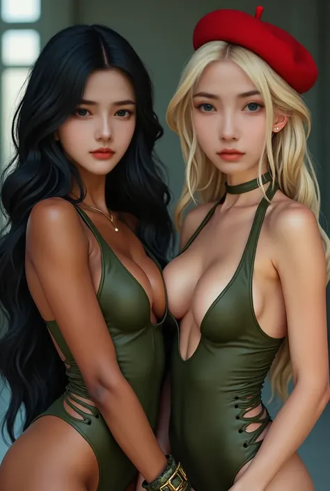 Moroccan Gal、Realistic,photograph), black hair, White skin, Two girls with beautiful faces and fine features. Breathtakingly beautiful faces.、A breathtakingly beautiful body、, Medium sized breasts, Cosplay, Costume Cammy, blonde hair, Her blue eyes shine w...