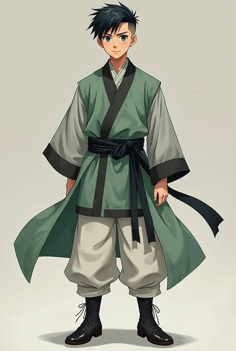 An mediaeval anime teenager. He has buzz cut black hair and black eyes. He is said to be very average looking. Dumbass and pervert. Wears a light green full sleeve vest over a gray full sleeve gii with black linings, paddings are wrapped around his waist w...