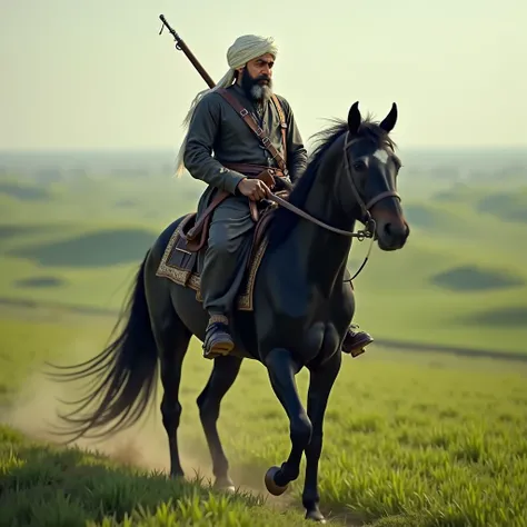 A punjabi warrior whose picture has been given as a reference riding a black horse wearing a white turban & black clothes carrying a 18th century Rifle, background should be Punjab Fields