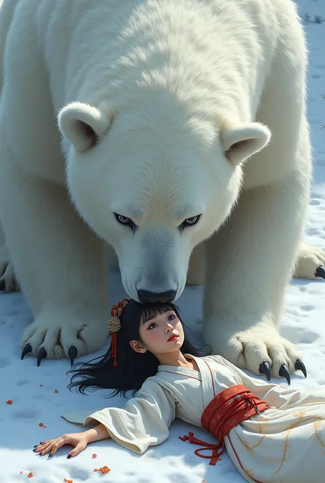 Person with black eyes, Black Hair. She is a Japanese、Japanese clothes look good on you. blunt bangs、She is a princess. Then one day, She was injured and wounded, clothes torn. And next to her, There was a giant snowy polar bear (White and sharp, White Eye...