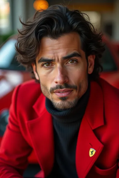 Cute Spanish man, wearing a red Ferrari coat, realistic, close up picture, black fluppy hair, Ferrari car background