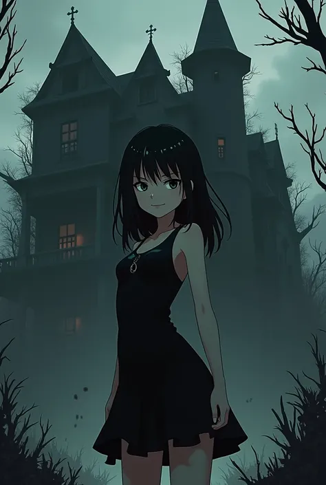 Black dress anime girl standing outside a horror house and creepy smile on her face 