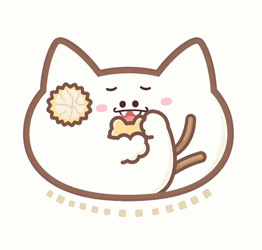 Create a brown cat mascot happily eating a durian cookie in the shape of a cat.