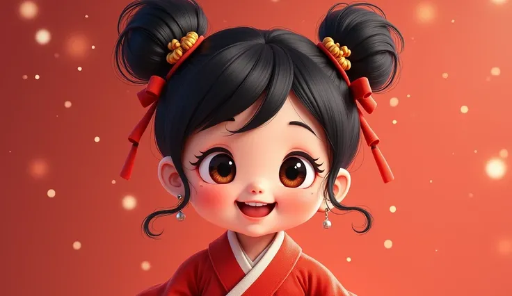 1 girl, two years old，black hair，Smile, blushing, Double dumpling head, Red costume