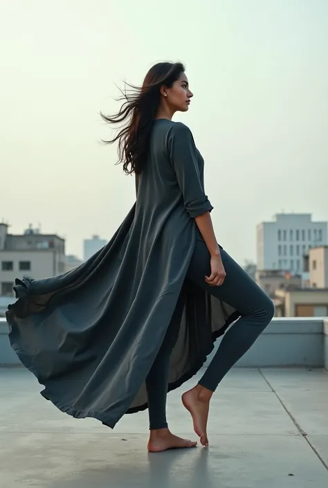 Girl in kurti legging tight wear hot on roof tight legging sian colour black kurta long kurta hotnpose on roof flying long kurta tight leggings both side cut long kurti