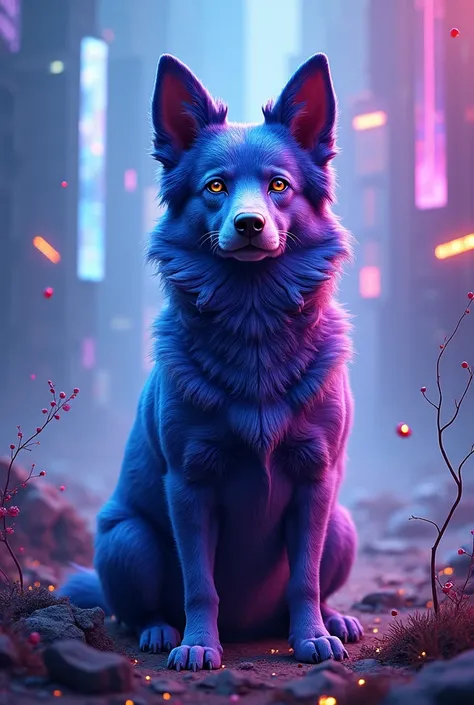 A blue and purple colored dog in a cryptocurrency environment