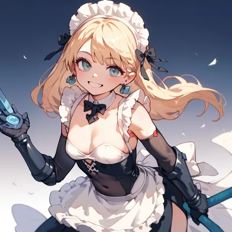 masterpiece　One Girl　sexy maid costume　Large fantasy weapons　Small breasts　Big Gauntlet　Short stature　leotard　Point your belly button directly towards the viewer　Princess　Face forward　smile