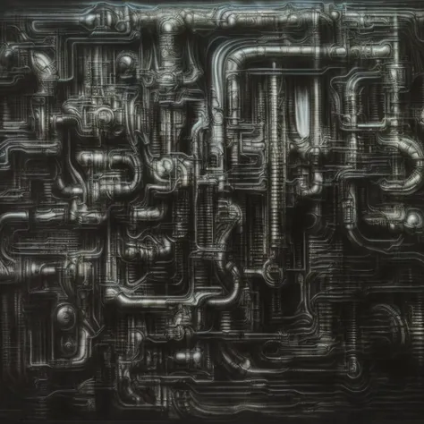 a drawing of a bunch of pipes and wires in a room, giger textures, biomechanical pattern, mechanical form of life, inspired by h...