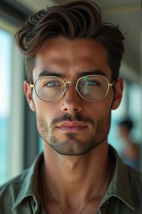 Generate a boy of aroun 23 years with most handsome face and little fair skin with little beard and most attractive jawline
Make him wear an expensive shirt and make him wear a transparent goggles but shoild be simple 
Make him like of proper and good heig...