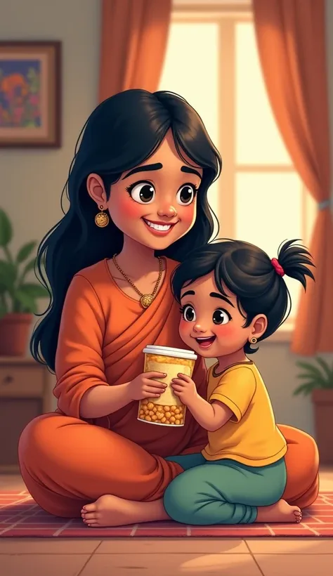 Inside an Indian home, a young Indian woman, around 2, is sitting with her small child. They are both smiling and holding a snack pack, ready to eat together. cartoon, fhd, 8k 