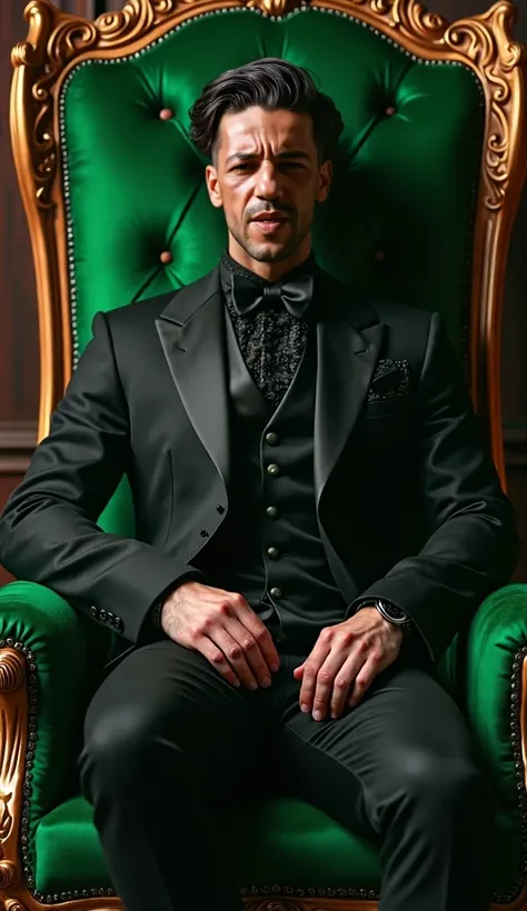 The most handsome man on earth today wearing Victorian clothing, royal green, sitting on a green throne chair.