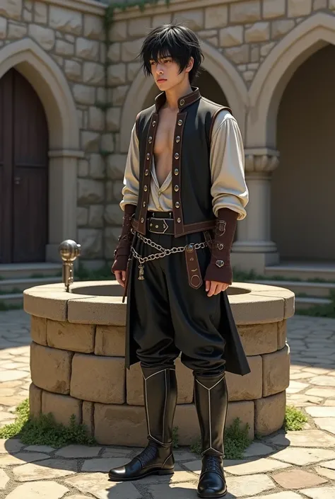 Young man 1, Dark-haired, cute, in medieval style, stands at the stone well in the castle courtyard, On his feet are knee-high boots and a metal chain on his left leg, black trousers on the body, a waistcoat with buttons on the chest, high detail and high ...