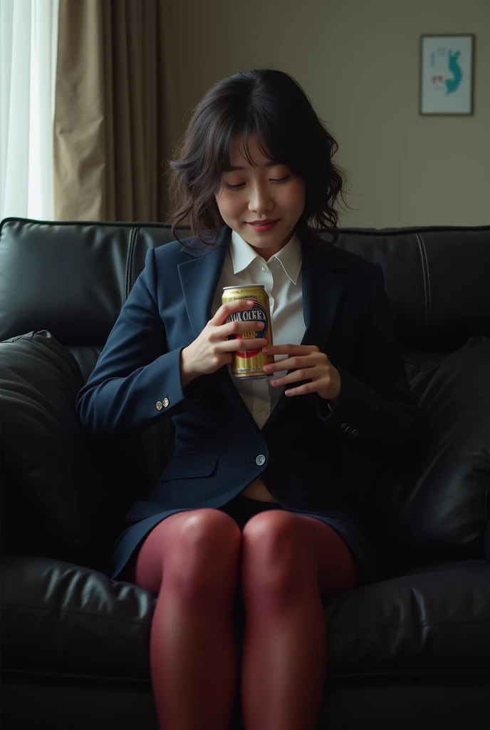 One Japanese career woman, 2, wearing a suit、Hairstyle、Navy blue skirt underneath、With a tired look on his face, he takes out a can of beer from the refrigerator at home and drinks it.、Hold a can of beer in your right hand、Sit deep on the black sofa and sp...