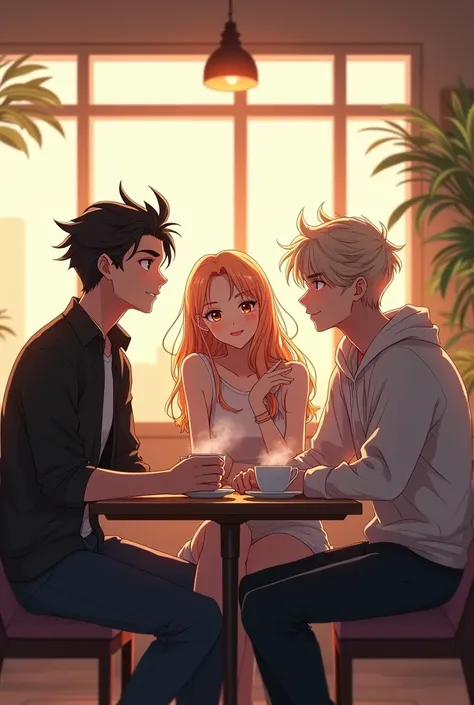 anime coffee shop, two young handsome men and young beautiful lady sitting modern