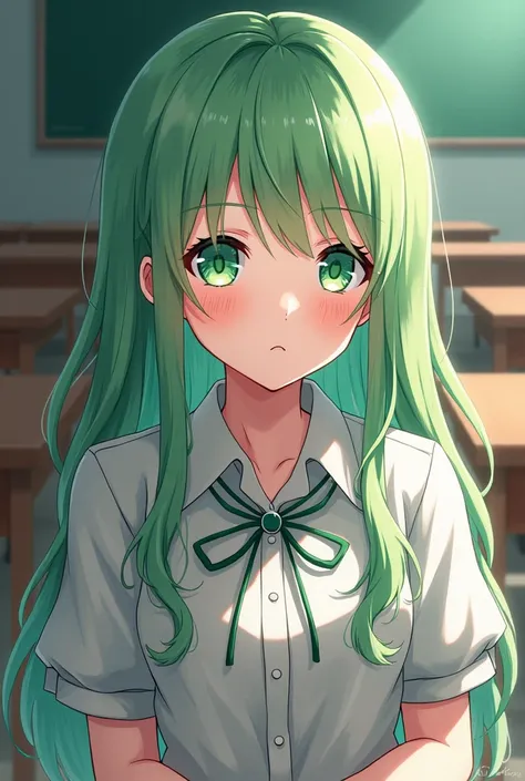 Anime girl with white skin, green eyes, long green hair, at school with japanese Highschool uniform.