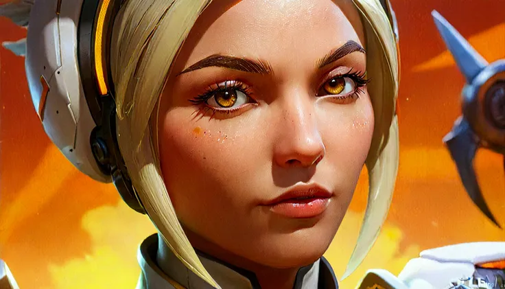 a beautiful detailed portrait of mercy from overwatch,close up detailed face,extremely detailed eyes and face,longeyelashes,intricate details,highly detailed,concept art,in the style of moebius,cinematic dramatic lighting,warm color palette,photorealistic,...