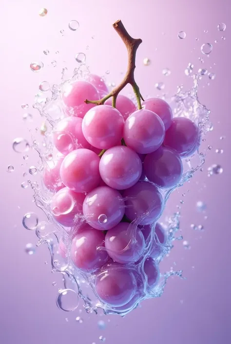 grapes, light purple background, fruit macro, translucent texture, splashing water, colorful bubbles, lots of ice, crystal clear, brilliant colors, bright tones, 8K, UHD, anime aesthetics, high definition, OC renderer