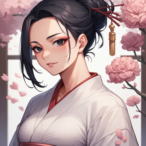 beautiful Japanese lady, wearing kimono, black hair, black eyes, in Edo city in Edo Era 