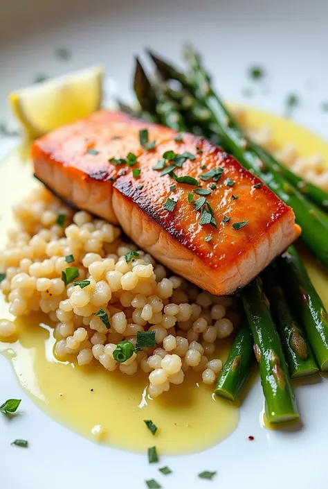 Pan seared salmon serve with herbed couscous and sauteéd asparagus, and lemon butter sauce