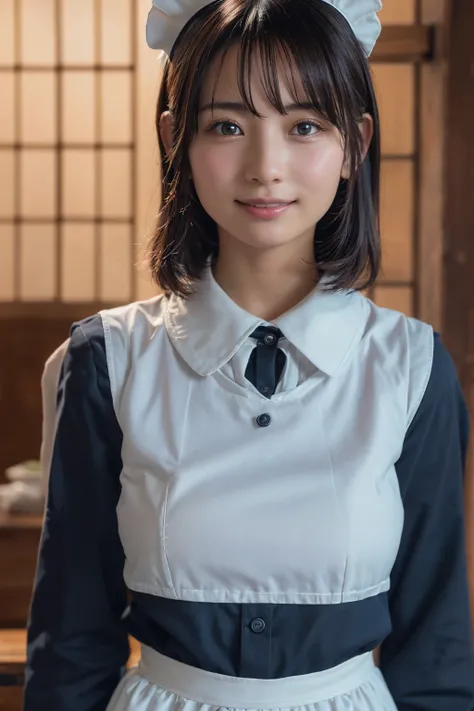 (8k, RAW Photos,Best Quality, High resolution:1.1), (Ultra-realistic:1.4),(Realistic, Realistic:1.3),The beauty of Japan、((Upper Body:1.3)),Maid喫茶、((Maid:1.3))Looking at the camera、smile、Finish as shown in the picture、Her skin is white and beautiful