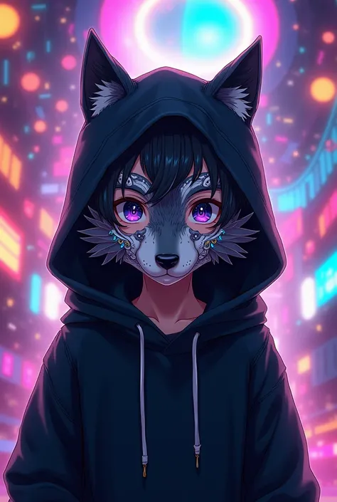 Anime boy wearing a black hoodie and wear a wolf mask with pomny digital circus