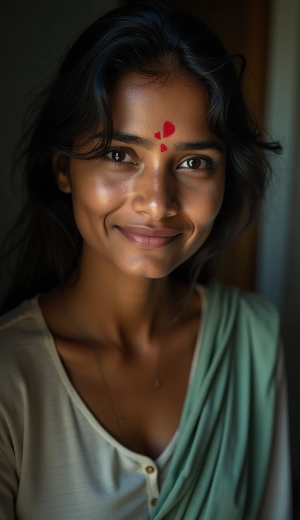 "Create a thumbnail showing a real Indian girl aged 26-30, with a gentle smile but teary eyes, symbolizing strength through pain. Use soft lighting and muted colors, perhaps with a broken heart graphic subtly included to express vulnerability."