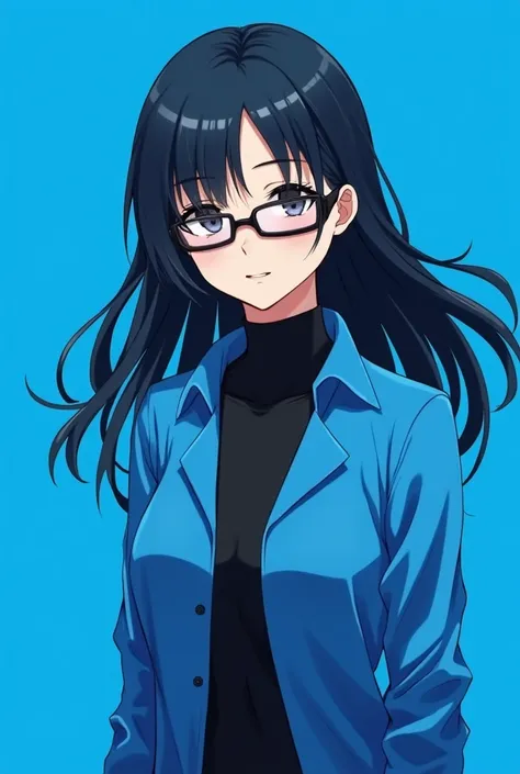 Anime style, female, black hair, 2 shirts, blue shirt outside, black shirt inside, wearing black glasses, only the body can be seen, blue background, the shirt does not have to have a pattern.