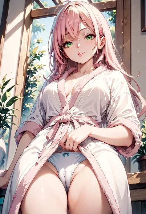 (masterpiece), (best quality), (high resolution), (expressive eyes), (perfect face), (clothed), (pink hair), (straight long hair), (green eyes), flushed face, ((bathrobe)), white panties, cameltoe