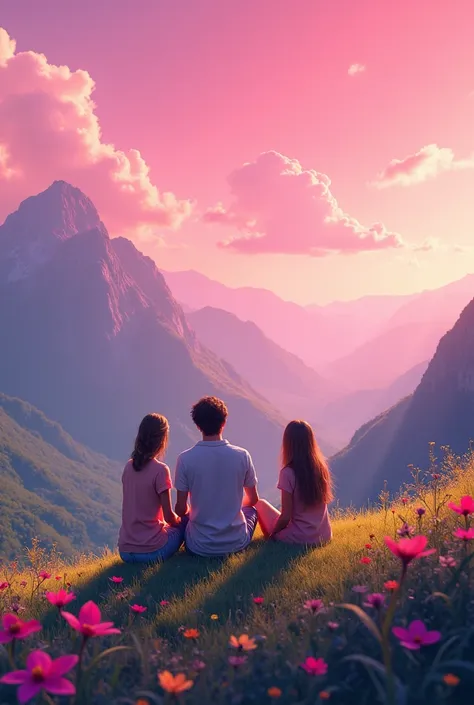 3friend such as 2body and one  in a pink sky in flower mountain.he see the camera