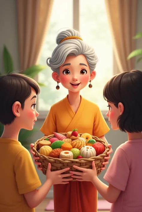 Grandma holds a woven basket with Thai desserts, namely, banana leaf custard, rice noodles, and coconut milk sago dessert, visiting her daughter and granddaughter at home. Cartoon image.