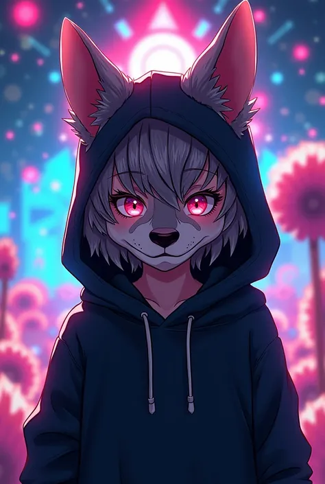 Anime boy wearing a black hoodie and wear a wolf mask with pomny digital circus