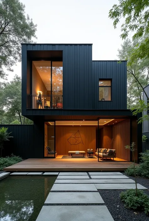 The black color house combines modern design with traditional Japanese elements.The spacious living room features a black tatami mat area and large windows that let in natural light.The interior is simple, black color and sophisticated, with bamboo details...