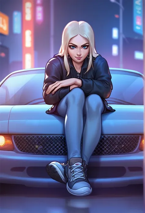 Emily, young woman, blue eyes, long blonde hair, is wearing a black overcoat. Its on the street. Leaning against a car. Expression of would be. this night