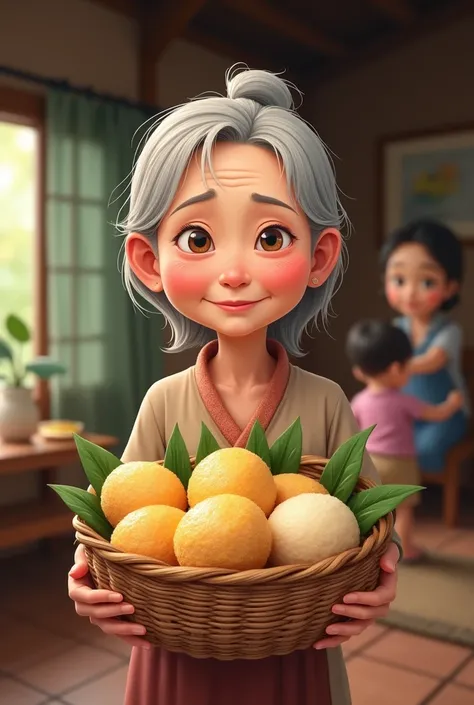 An old woman holds a woven basket with Thai desserts: banana leaf custard, rice noodles, coconut milk sago dessert, mother and child at home. Cartoon drawing.