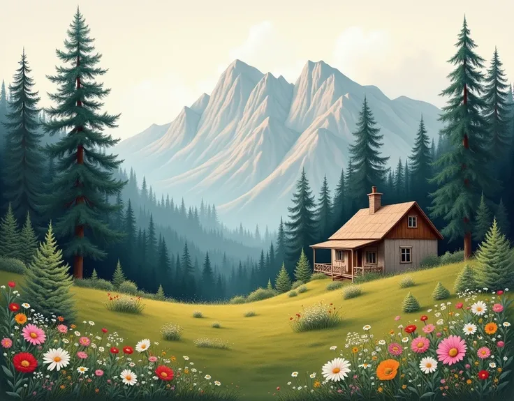 A view of pine trees and flowers in the mountains, with muted colors, low angle perspective. The painting is very detailed, with a rustic farmhouse, cottagecore aesthetic and neutral earth tones.