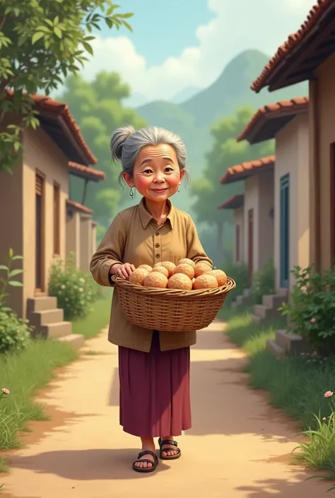 An old woman holding a woven basket with Thai desserts, carrying things to visit her daughter and granddaughter at home. A realistic cartoon drawing.