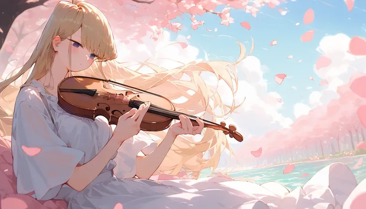 komi, anime girl playing violin with pink petals in background, blonde anime girl with long hair,