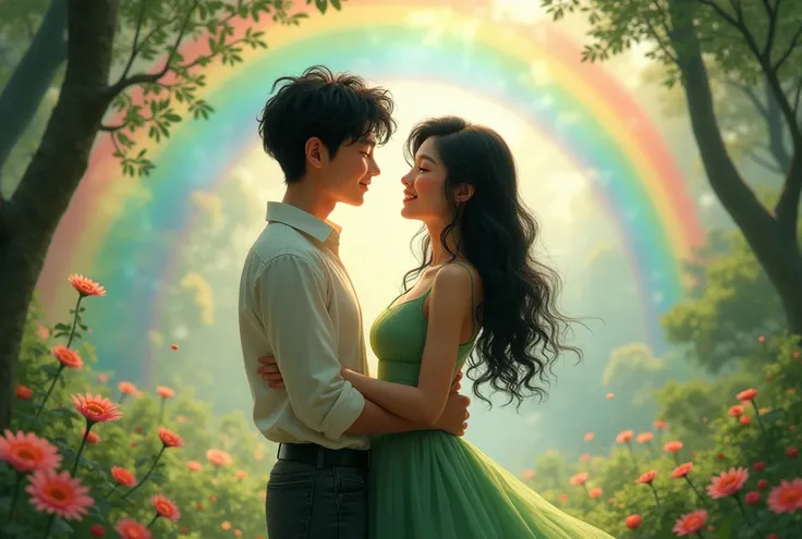 Young girl and young, 20th Generation, Fantasy World, She has pitch black hair,She has long curly hair, She is a forest fairy,She has big breasts,He has black hair,He has very short hair, He loves her,He kisses her, They are in love,they smile, They stare ...