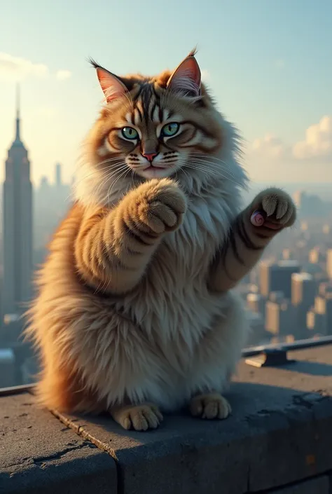  The cat is on the top of the building, licking his hand, the cat has a lot of hair and beautiful eyes