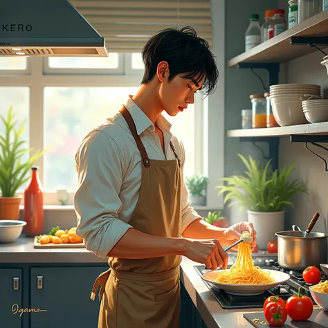 Character profile, Decorative art, anime, High resolution, accurate, Very detailed, Food, Anatomically correct, youth, Age 30, pasta, Cooking, Stylish kitchen, male, Japanese,Illustration, Impressionism, 