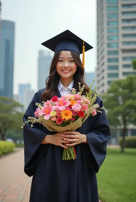 A Hong Kong female college student，Wear graduation gown，Wearing a graduation cap，front，Holding a big bouquet of flowers，The background is the University of Hong Kong