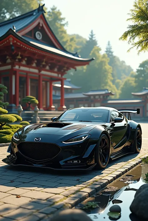 super sporive black mazda car tuning with landscape japanese temple, japanese garden 


